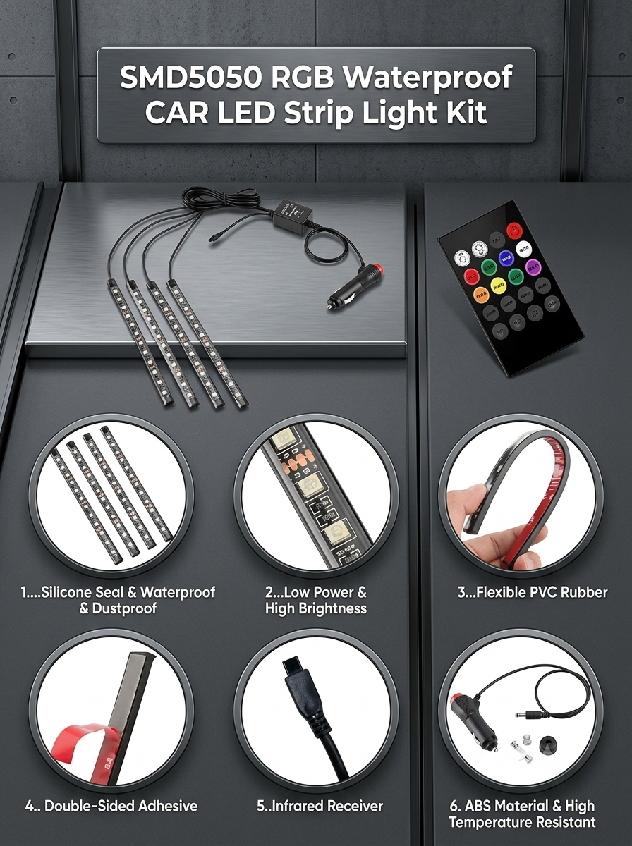 12 LED Car Interior Ambient Light Kit with Music Sync, App & Remote Control