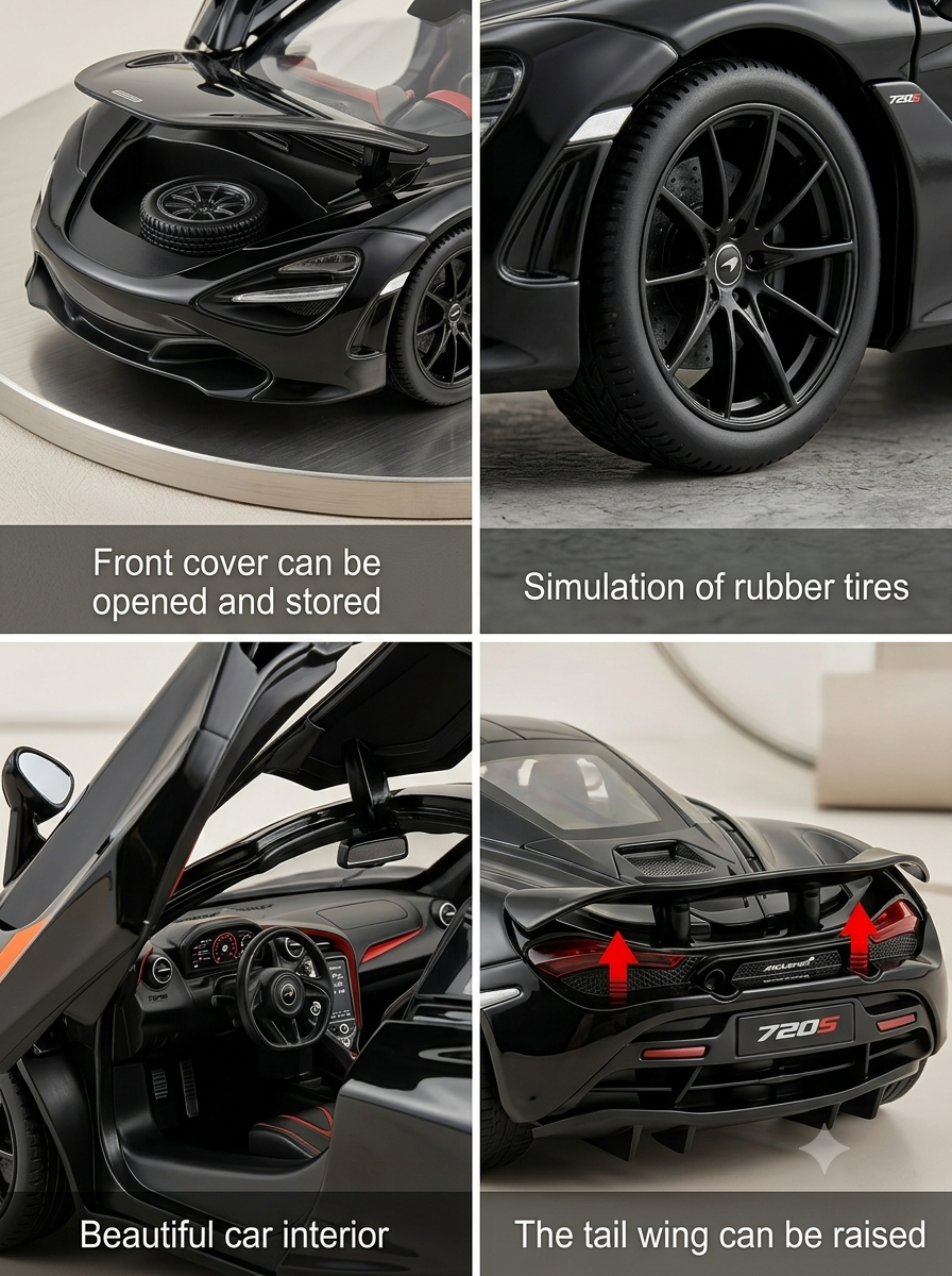 McLaren 720S Style Die-Cast Metal Toy Car – 1:32 Scale Pull Back Car with Lights, Music & Openable Doors
