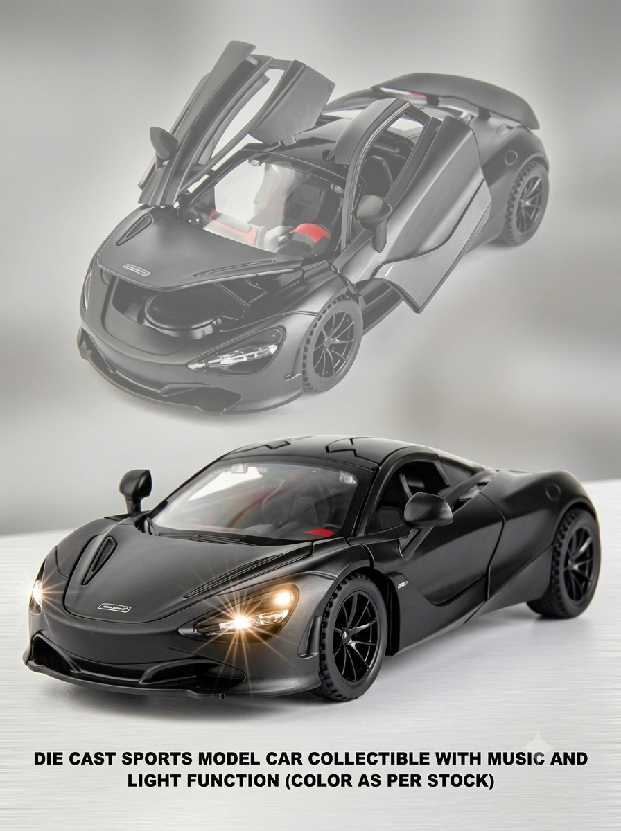 McLaren 720S Style Die-Cast Metal Toy Car – 1:32 Scale Pull Back Car with Lights, Music & Openable Doors