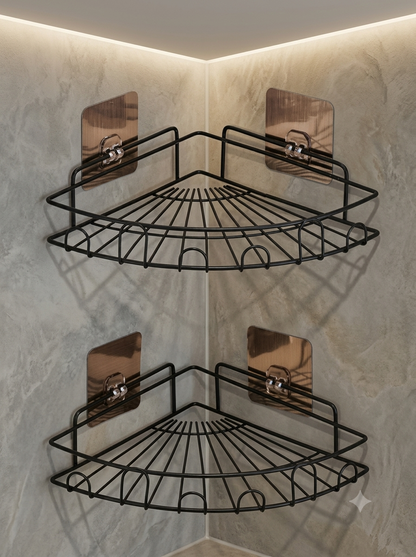 Pack of 2 Self-Adhesive Corner Shelf Rack | No-Drill Bathroom & Kitchen Storage Organizer | Heavy-Duty Wall Mounted Metal Shelves