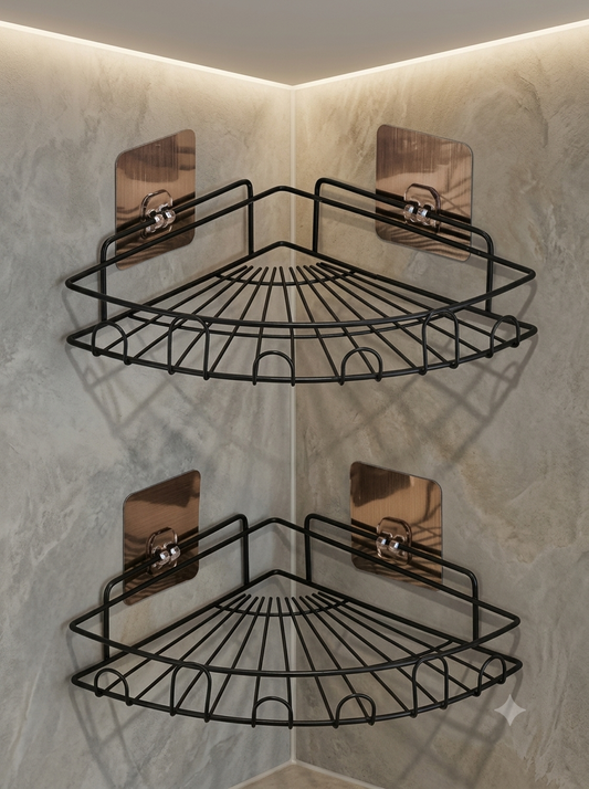 Pack of 2 Self-Adhesive Corner Shelf Rack | No-Drill Bathroom & Kitchen Storage Organizer | Heavy-Duty Wall Mounted Metal Shelves