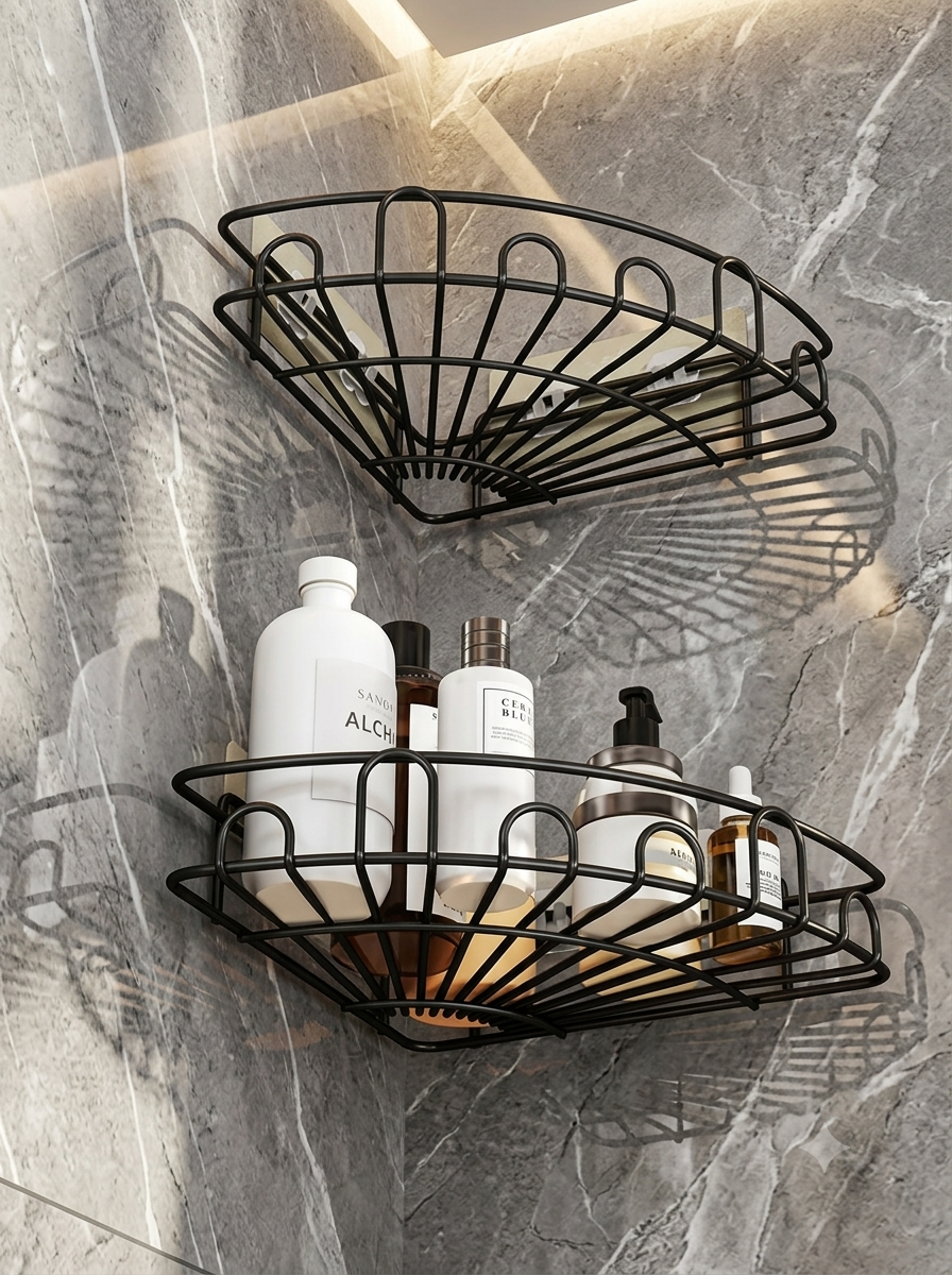 Pack of 2 Self-Adhesive Corner Shelf Rack | No-Drill Bathroom & Kitchen Storage Organizer | Heavy-Duty Wall Mounted Metal Shelves